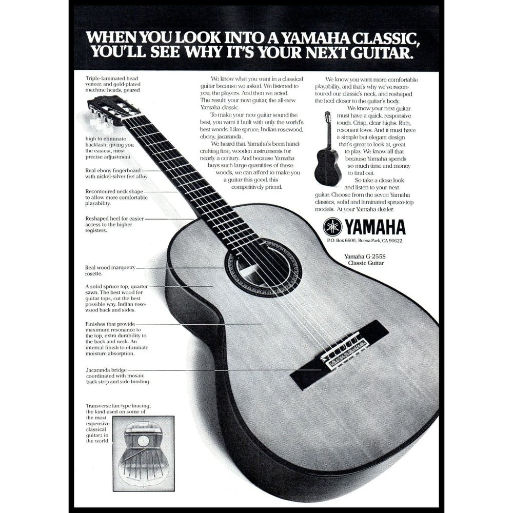 1977 Yamaha Classic G-255S Wood Acoustic Guitar Vintage Print Ad Wall Art Photo